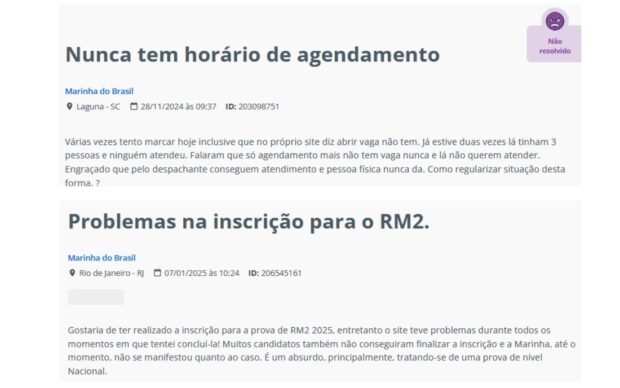 Reclamações sobre a Marinha do Brasil no site Reclame Aqui