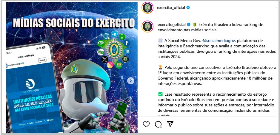 Postagem do Exército no Instagram - comemoração de melhor em redes sociais