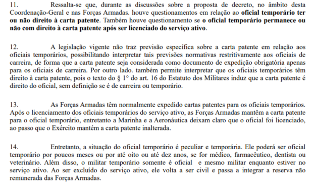 Extrato de nota da Defesa sobre temporários e carta patente