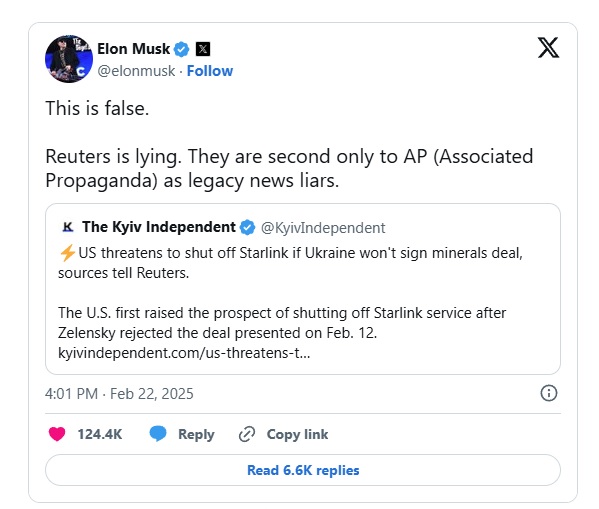 Elon Musk diz que Reuters mente sobre acordo entre EUA e Ucrânia.