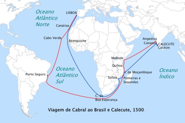 Em vermelho, a rota de Pedro Álvares Cabral de Portugal à Índia em 1500. Em azul, a rota de retorno.
