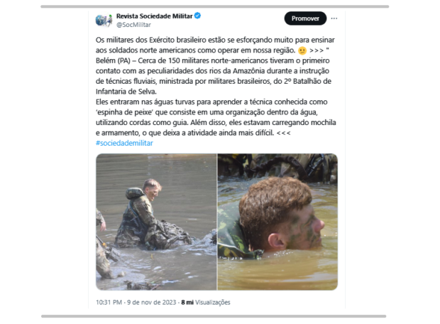 Postagem com 8 milhões de visualizações adestramento do Exército com militares dos EUA - nacionalismo