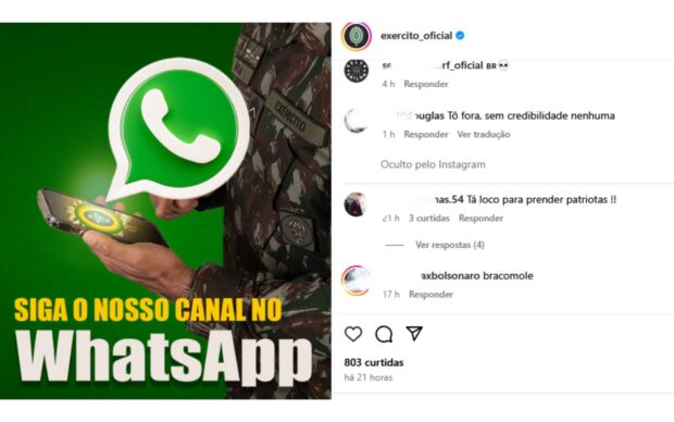 Publicidade do Exército no Instagram com convite par ao WhatsApp