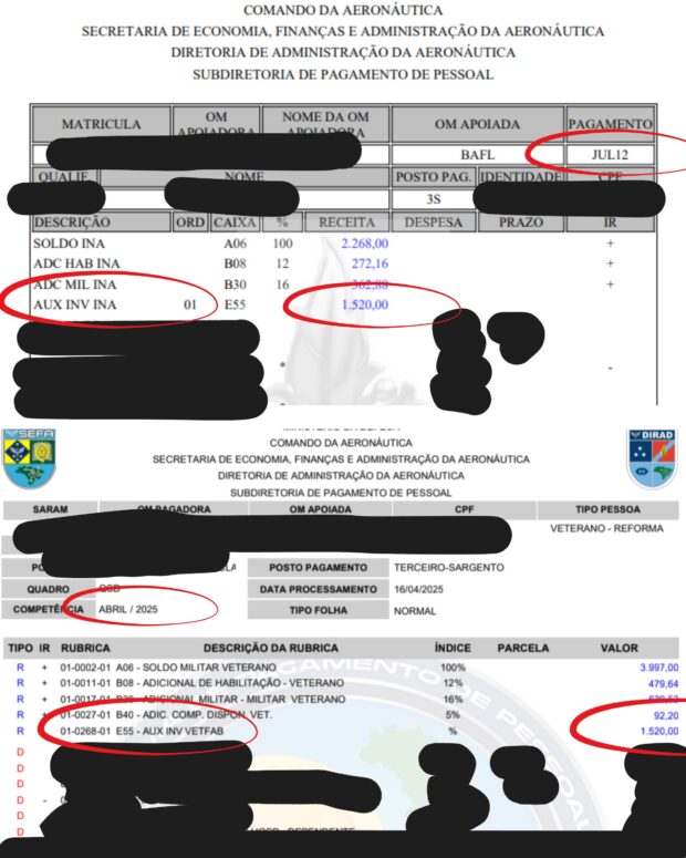 Bilhete de pagamento com auxílio invalidez para terceiro sargento