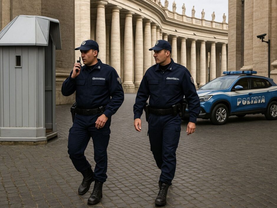 Durante a morte de um Papa, a Gendarmaria intensifica barreiras, patrulhas e varreduras eletrônicas, blindando o território sagrado contra qualquer ameaça ou tentativa de espionagem