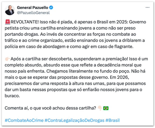 Tweet com reação do General Pazuello à cartilha sobre drogas viraliza nas redes sociais.