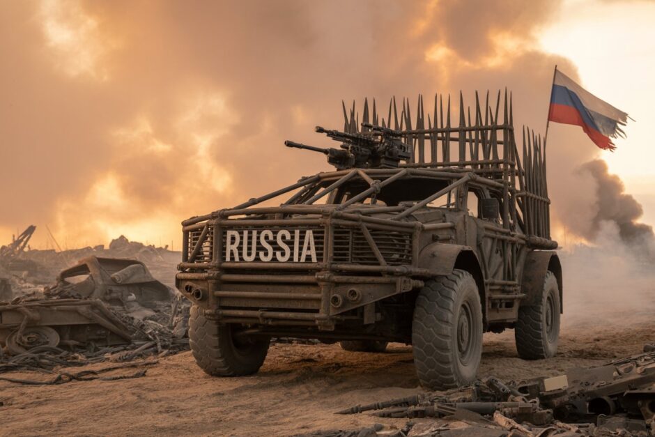 Como em “Mad Max”, comboios russos avançam com veículos civis adaptados às pressas para a guerra, revelando o colapso logístico e o improviso militar em pleno século XXI